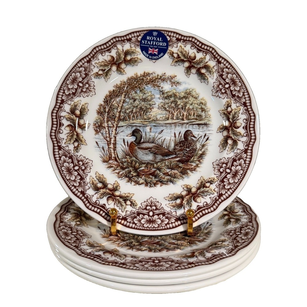 Royal Stafford 4 WOODLAND MALLARD DUCKS SALAD DESSERT PLATES Thanksgiving NEW